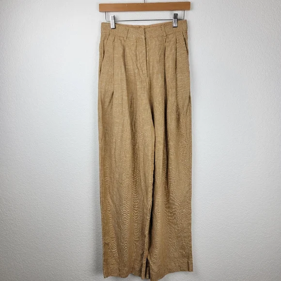 Posse Nancy Trouser in Walnut Linen Pleated Straight Wide Leg Tan Small - Picture 4 of 13
